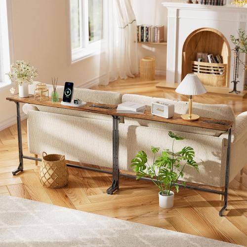 Simple Trending 78.75” Console Table, Narrow Behind Couch Table, Adjustable Sofa Tables with Outlet, for Living Room, Rustic Brown