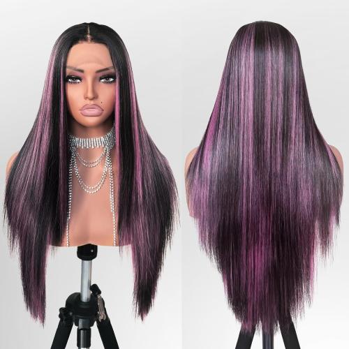 Black and Pink Highlight Wig Lace Front Wigs Pre Plucked with Baby Hair Glueless Wig 26 Inch Long Straight for Women Pink Color Forehead Synthetic 13×4×1 Lace Front Wig