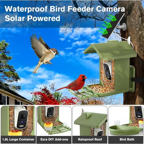 Smart Bird Feeder with Camera Solar Powered, AI Birds Species Identification, 2.5K HD Video Bird House with Camera for Outside, Weatherproof Design Ideal Gifts for Valentine's Day, Bird Lovers, Green