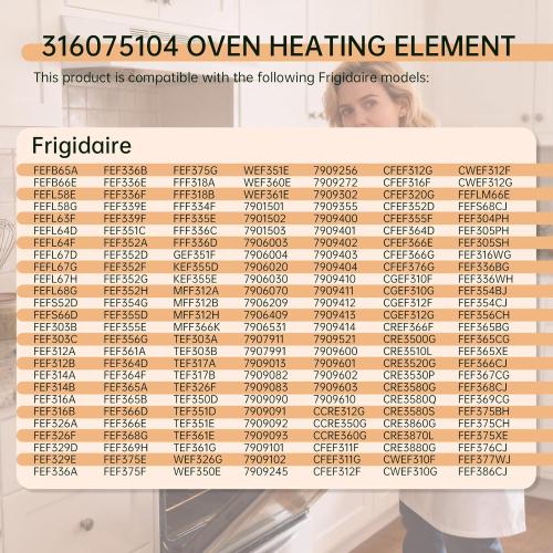 316075104 316075104 Oven Bake Element, Compatible with Frigidaire, Kenmore, Crosley, Admiral, Models 3203534, 09990062, 316075100, 2600W/240V, High-Temperature Resistant Nickel-Chromium Alloy