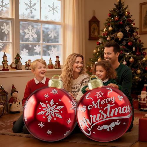 2PCS 24 Inch Christmas Inflatable Ball, PVC Giant Inflatable Ornaments Balls Red Blow up Ornament Balls, Inflatable Christmas Decorations for Outside Holiday Yard Lawn Decor(Merrychristmas Snowflake)