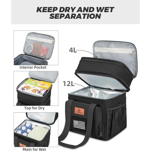 HSHRISH Expandable Lunch Box, Double Deck Large Insulated Lunch Bag for Men, Durable Leakproof Cooler Bag for Men Work Shift Outdoor Trips, 20 Can/15 L, Black