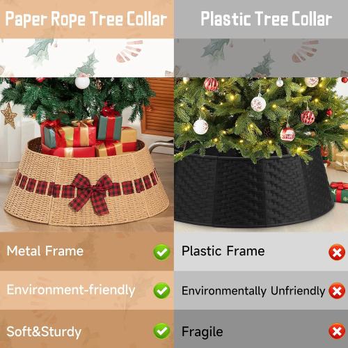OIAHOMY Christmas Tree Collar, Wicker Holiday Tree Skirt & Stand Base Cover,Paper Rope Christmas Decor with a Bow Tie, Natural-27 inch