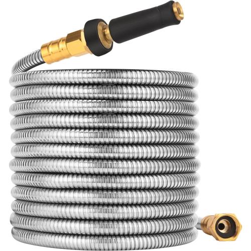 SILVER 100 FT Garden Hose Expandable - 304 Stainless Steel Water Hose 100 FT - Heavy Duty Flexible Kink Free Hose, no Bite