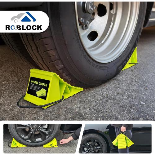 ROBLOCK 4 Pairs Wheel Chocks for Travel Trailers, Non Slip Base Heavy Duty Green Camper Wheel Chockwith Rope, Lightweight Wheel Stoppers for Cars, Camper Trucks, RVs, Easy to Carry, Green