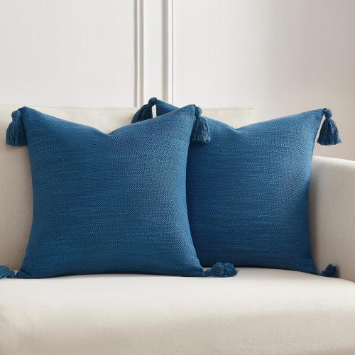Meekio Set of 2 Deep Blue Pillow Covers 18x18 with Tassels, Linen Look Decorative Throw Cushion Covers for Sofa Couch, Farmhouse Boho Living Room Home Decor
