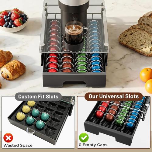 EVERIE Nespresso Vertuo Pod Holder Drawer, Coffee Pod Organizer with Universal Slots, Holds 40 Large or 52 Small Capsules, Tempered Glass Top Storage Drawer for Coffee Makers, 12 x 16.5 x 3.5