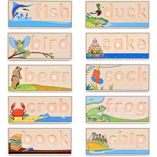 Atoylink Wooden Spell Learning Toys for 2 3 4 5 Year Old Kids Match Letter Spelling Game Board & Letters & Box, CVC Word Builder Toddler Educational Toy Kindergarten Preschool Learning Activities