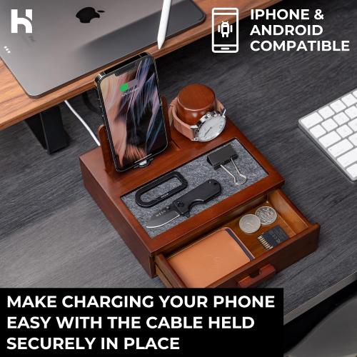 Holme & Hadfield Premium Wooden Phone Docking Station with Drawer – Nightstand Organizer for Charging Phone – Declutter Your Space with Felt-Lined Protection & Watch Pillar - Gift For Men‼️COLOR:BLACK (missing 1 cable gripper) ‼️