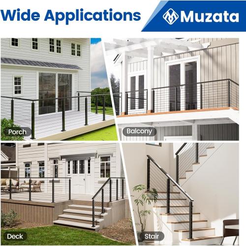 Muzata Size  10-15FT Modular Black Cable Railing Kit 36 Inch 3 Stair Post Kit Complete Set Cable Railing System for Stairs Length Adjustable Easy DIY with Paper User Guide (No Handrail) RWS1 BA4S