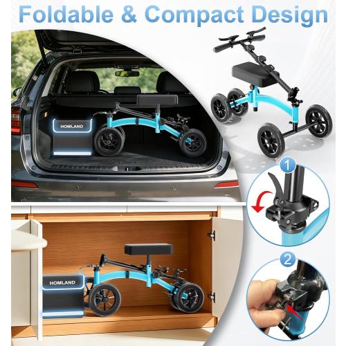 HOMLAND Knee Scooter Walker for Adults Foot Injuries Ankle Surgery, Foldable Steerable Leg Scooters with Dual Handbrake, Height Adjustable Handle & Knee Pad, Removable Storage Bag, 300 lbs Capacity
