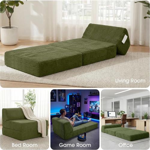Kasunpul Folding Sofa Bed with Pillow, Memory Foam Fold Out Chair Bed, Convertible Sleeper Chair with Washable Cover, Futon Floor Couch for Living Room/Dorm/Guest Use/Home Office/Apartment, Green