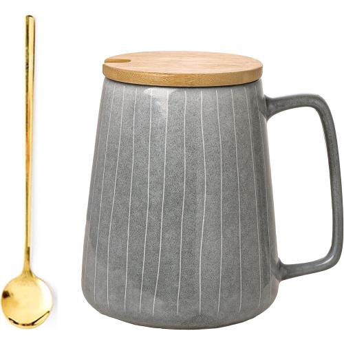 Large Ceramics Coffee Mugs,with Spoon and Wooden Lid,for Coffee,Tea,Cocoa,Large Handle Design,Microwave Dishwasher Safe (Gray Set)