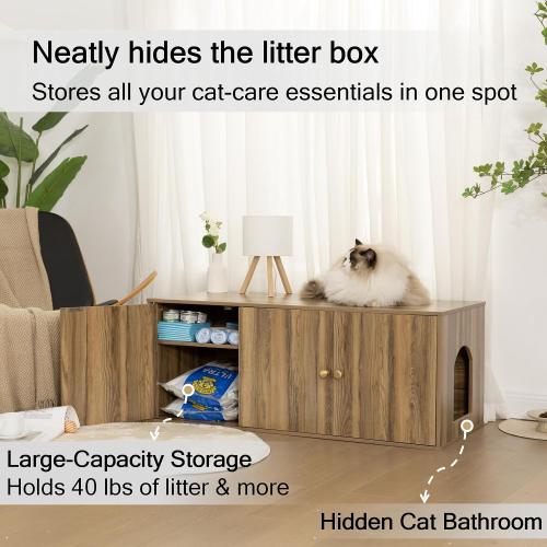 Cat Litter Box Enclosure Furniture with Storage, Hidden Litter Box Cabinet 42.5L x 18.5W x 16.9H, Double as Cat House TV Stand End Table for Living Room, Midcentury Modern Style (Pine, Plain Doors)