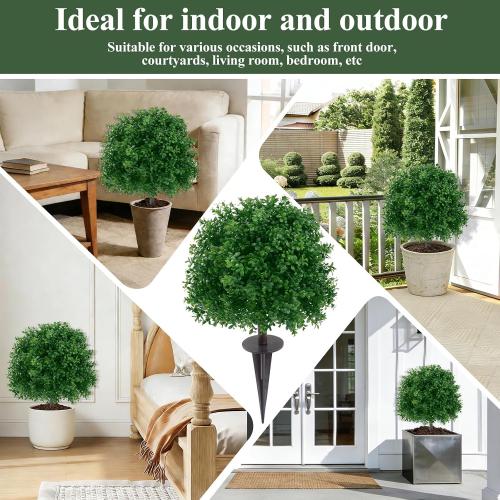 U'Artlines 23.6 Artificial Boxwood Topiary Ball Trees with Ground Spike, Faux Greenery Plants UV Resistant Fake Shrubs Bushes for Front Porch Garden Yard Outdoor Decor, Set of 2