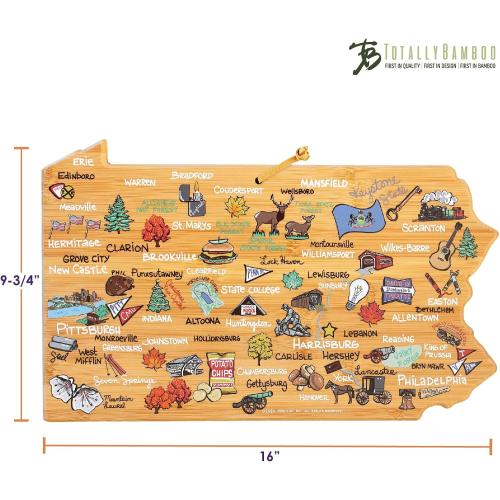 Totally Bamboo Pennsylvania State Shaped Cutting Board and Charcuterie Serving Platter with Artwork by Fish Kiss, Includes Hang Tie for Wall Display