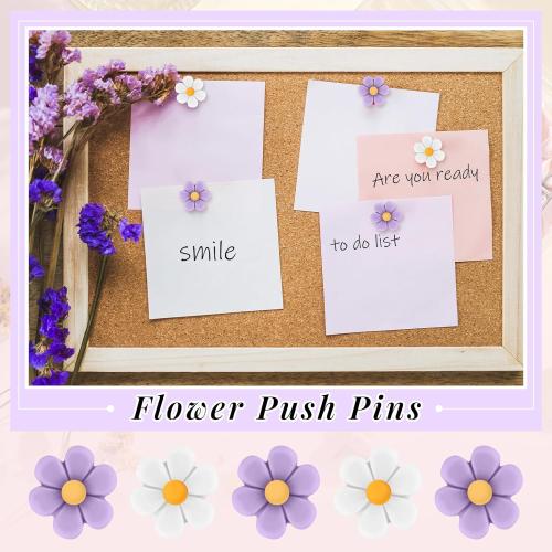 50 Pcs Flower Push Pins Cute Push Pins for Cork Board Decorative Floret Wall Thumb Tacks for Bulletin Board Office Hanging Photo Poster Wall (Purple,White)