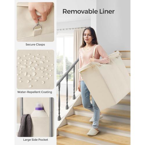 SONGMICS Laundry Basket with Wheels, 3-Section Rolling Laundry Hamper, 52.8 Gallons (200 L), Removable Liner, Steel Frame with Handle, 35.8 x 15.4 x 31.9 Inches, Cream White URLS005W01