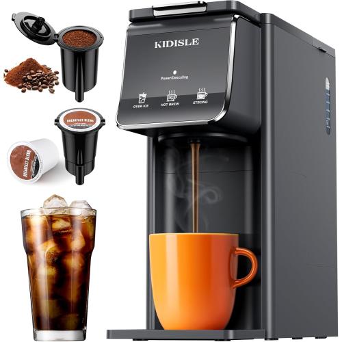 Hot & Iced Coffee Maker, K Cup Coffee Maker Compatible with Ground Coffee, Single-Serve Brewer with Bold Setting, Reusable Filter, Travel Mug Friendly, Compact & Quick Brew, Grey