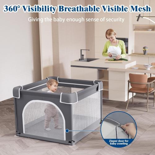 Small Playpen for Babies and Toddlers, 36x36, Soft Breathable Mesh, Anti-Slip Base, Mini Baby Play Yard with Pull-Up Ring