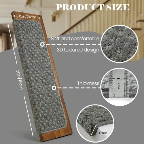 DEXDE Bullnose Carpet Stair Treads Non Slip for Wooden Steps Indoor, 30 x 9.5 x 1.7 (14 Pack) Grey - Peel and Stick Stair Runner Rugs with Edge Protection, Washable & Reusable Pet Friendly Mats