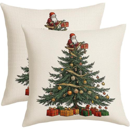 Merry Christmas Pillow Covers 18x18 Inch Santa Pine Tree Golden Balloons Throw Pillows For Couch Soft Durable Cushion Covers Winter Holiday Farmhouse Pillow Cases for Bed Sofa Decor Set of 2
