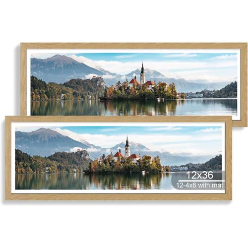 12x36 Picture Frame 2 Packs, Real Glass and Natural Oak Wood Frame, Display Collage Pictures Twelve 4x6 With Mat or Pennant 12 x 36 Without Mat - Horizontal or Vertical Wall Mounting