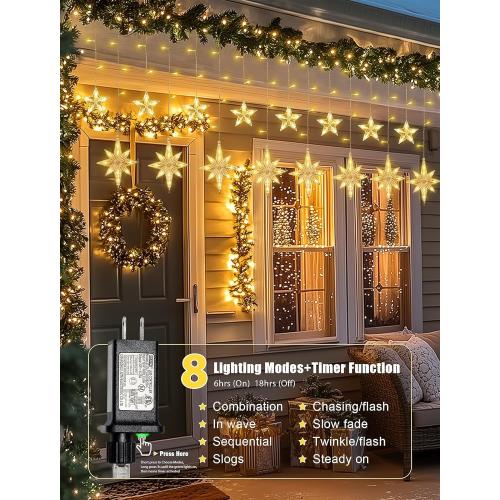9 LED Star Icicle Lights,t Connectable Window Curtain Lights Plug  Modes Timer Bethlehem Star Christmas Light for Indoor Outdoor,Bedroom,Wedding,Ramadan Decor,Warm White