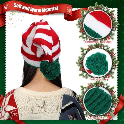 6 Pcs Christmas Elf Hat Knitted Santa Hat Winter Beanie Striped Hat for Adult Xmas New Year's Party Costume Accessory