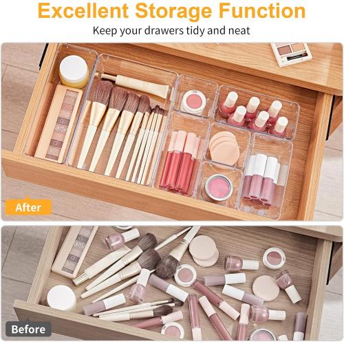 SMARTAKE 28 Piece Drawer Organizers with Non-Slip Silicone Pads, 4-Size Desk Drawer Organizer Trays Storage Tray for Makeup, Jewelries, Utensils in Bedroom Dresser, Office and Kitchen, Clear