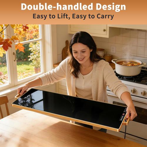 Electric Warming Tray (L 32x12)，Food Warmers for Parties Buffet with Thermostat & Full Surface Heating, Tempered Glass Warming Mat for Food, Temperature Adjustable Gold Handles Food Warming Mat