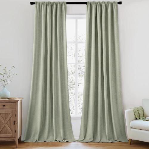 MIULEE 100% Blackout Back Tab Pleat Linen Curtains 50 Wx90 L,Sage Green