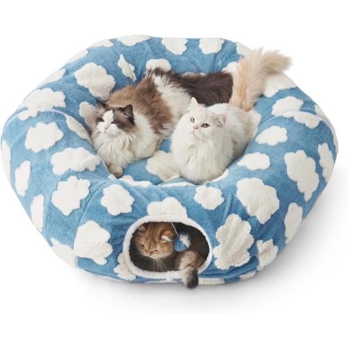 Lesure Large Cat Tunnel Bed - Cute Donut Bed for Indoor Cats with Washable Circle Cushion, Round Pet Peekaboo Cave Toy for Multi Kitten/Puppy/Rabbit, Large Cozy Clouds Blue