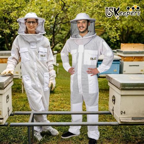 US-Keepers 3-Layer Ultra Ventilated Bee Suit for Men & Women – Premium Beekeeping Suit with Bee Gloves & Two Detachable Beekeeping Veils (White XL)