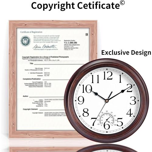 KECYET 12 Inch Outdoor Wall Clock with Thermometers, Vintage Silent Wall Clocks Battery Operated, Retro Non-Ticking Clock Decorative for Living Room, Patio, Kitchen, Office, Bathroom, Bedroom(Bronze)