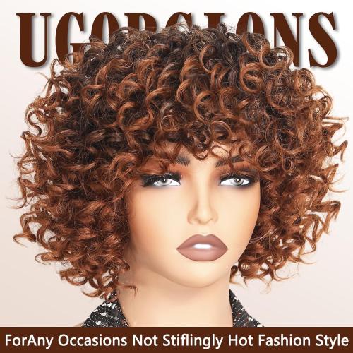 Ombre Brown Synthetic Curly Wigs For Black Women Short Curly afro Wig With Bangs Synthetic Hair Heat Resistant African American Wigs