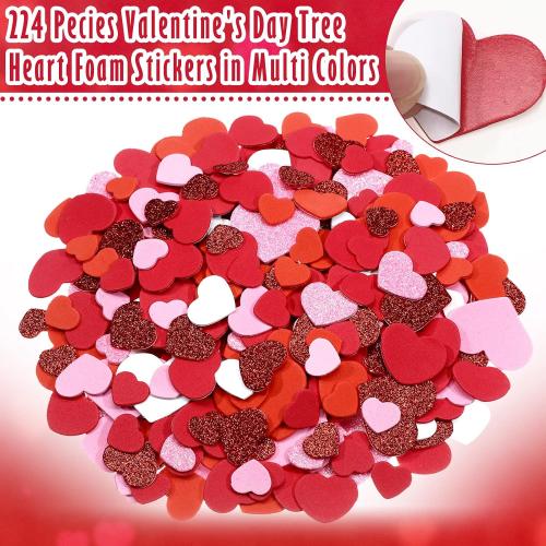 224 Pcs Heart Stickers Valentines Craft Kit Red Pink Foam Heart Shaped Tree Glitter Self Adhesive Stickers Valentines Classroom Gifts for Art Family Activity