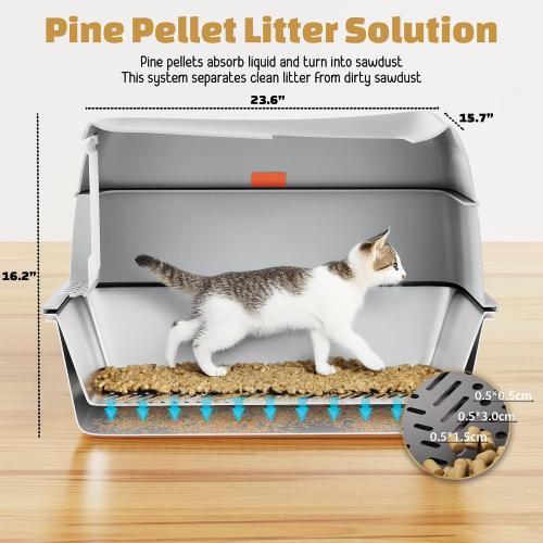 Tom & Sora Creations Stainless Steel Sifting Litter Box, Sifting Cat Litter Box for Pine Pellets and Clay Litter, Multifunctional, Low Maintenance, Odor Free, Leak Free, Enclosed, XL, Grey