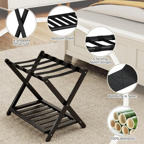 2 Pack Fully Assembled Black Luggage Racks, Bamboo 26.77 Folding Suitcase Stand for Guest Room with 5 Nylon Straps, Heavy Duty, Upgraded Luggage Rack Holder with Shelf for Bedroom Hotel
