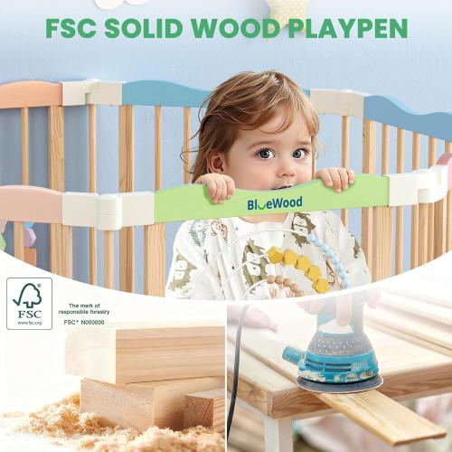 Foldable Wooden Baby Playpen, 45 x 45 x 24 inches, Pastel Dream, Colorful | Adjustable Wood Play Yard, Indoor Large Safety Fence for Babies and Toddlers, Built-in Toys Design