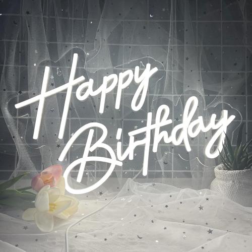 Happy Birthday Neon Sign for Wall Decor, 17×12 Inch White Led Neon Light Signs, Art Decoration Happy Birthday Neon Light Sign for All Birthday Party Decoration with 2 Pcs Pasters