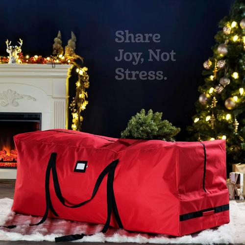 ZOBER 600D Oxford Fabric Large Rolling Christmas Tree Storage Bag - Fits 9 Ft Artificial Trees - Waterproof Christmas Tree Bag For Storage Box For Xmas, Durable Handles and Wheels - Card Slot - Red