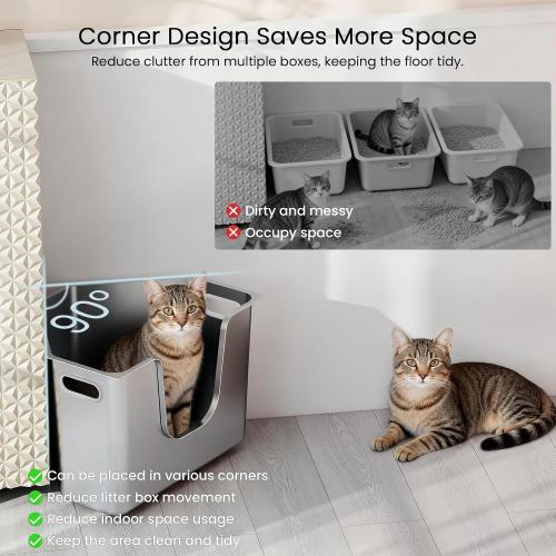 Stainless Steel Corner Cat Litter Box, Metal Litter Box with High Sided, One-piece Corner Cat Toilet, No Assembly Required, Non-Stick, No Odor Kitten Litter Pan, Easy to Clean, for Small Medium Cats