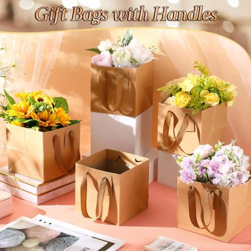 Windyun 25 Pcs Mini Paper Gift Bags with Handle 6 x 6 x 6'' Square Small Favor Bag with DIY Thank You Tag for Christmas Birthday Wedding Bridal Shower Bridesmaid Graduation Party (Kraft)