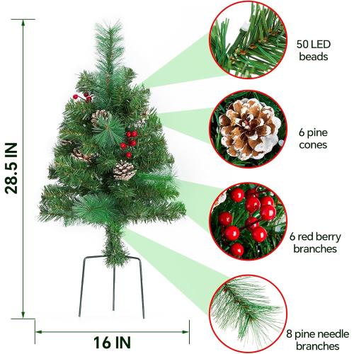 Outdoor Pathway Christmas Trees, 2-Pack 28.5Inch RGB Color Changing Pre-Lit Smart Artificial Pine Tree with Cones, Remote&App Control, Outdoor Christmas Decorations for Porch Yard Walkway