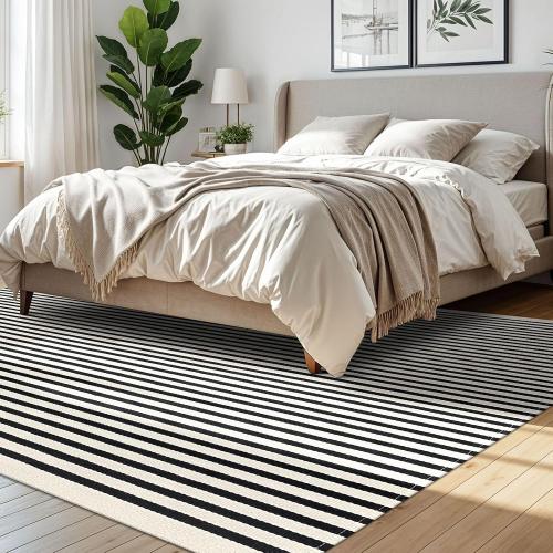 IOHOUZE Black Beige Striped Rug -8'x10' Indoor Outdoor Rug, Washable Area Rug for Living Room, Large Patio Rug, Cotton Striped Rugs for Patio Living Room Bedroom