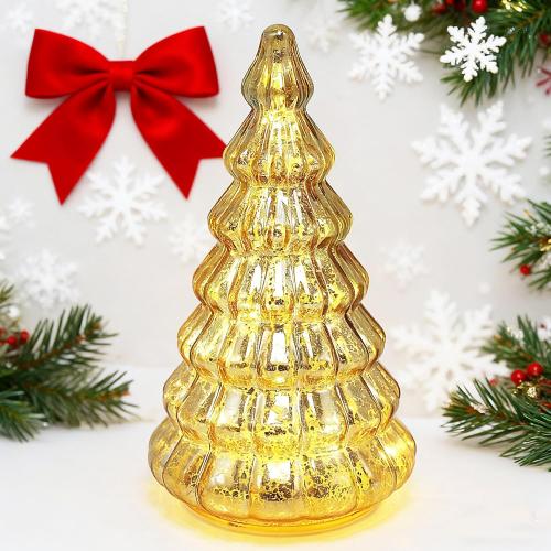 Christmas Decor lamp,Mercury Glass Christmas Tree Lights with Timer,Lighted Glass Tabletop Christmas Tree, Battery Operated Night Lights for Christmas, New Year Ceremony Decoration H: 8.2 (Gold)