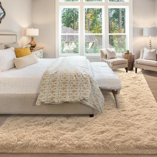 Merelax Soft Modern Indoor Large Shaggy Rug for Livingroom Bedroom Dorm Kids Room Home Decor, Non-Slip Plush Fluffy Furry Fur Area Rugs Comfy Nursery Accent Floor Carpet 9x12 Feet, Light Tan