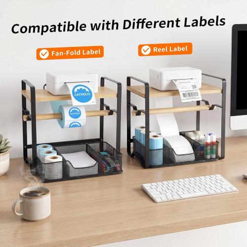 Label Holder for Thermal Printer - Sticker Roll Dispenser with Drawer - Shipping Lable Holder for Rolls and FanFold Labels - Thermal Printer Stand for Home, Office, Small Business (Bamboo-Black)