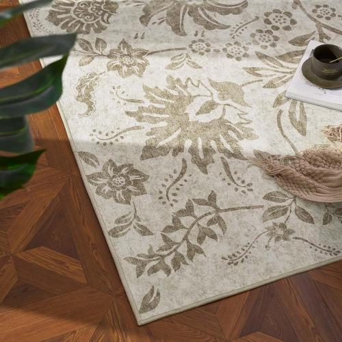 jinchan Torino Floral 5x7 Area Rugs, Vintage-Inspired Neutral Design Accent Rug, Machine Washable Ultra-Thin Low-Pile Non-Slip Traditional Carpet for Living Room Bedroom Dining Room Home Office, Taupe